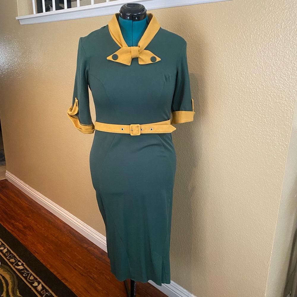 GUC Miss Candyfloss Green and Mustard Wiggle Dress - L